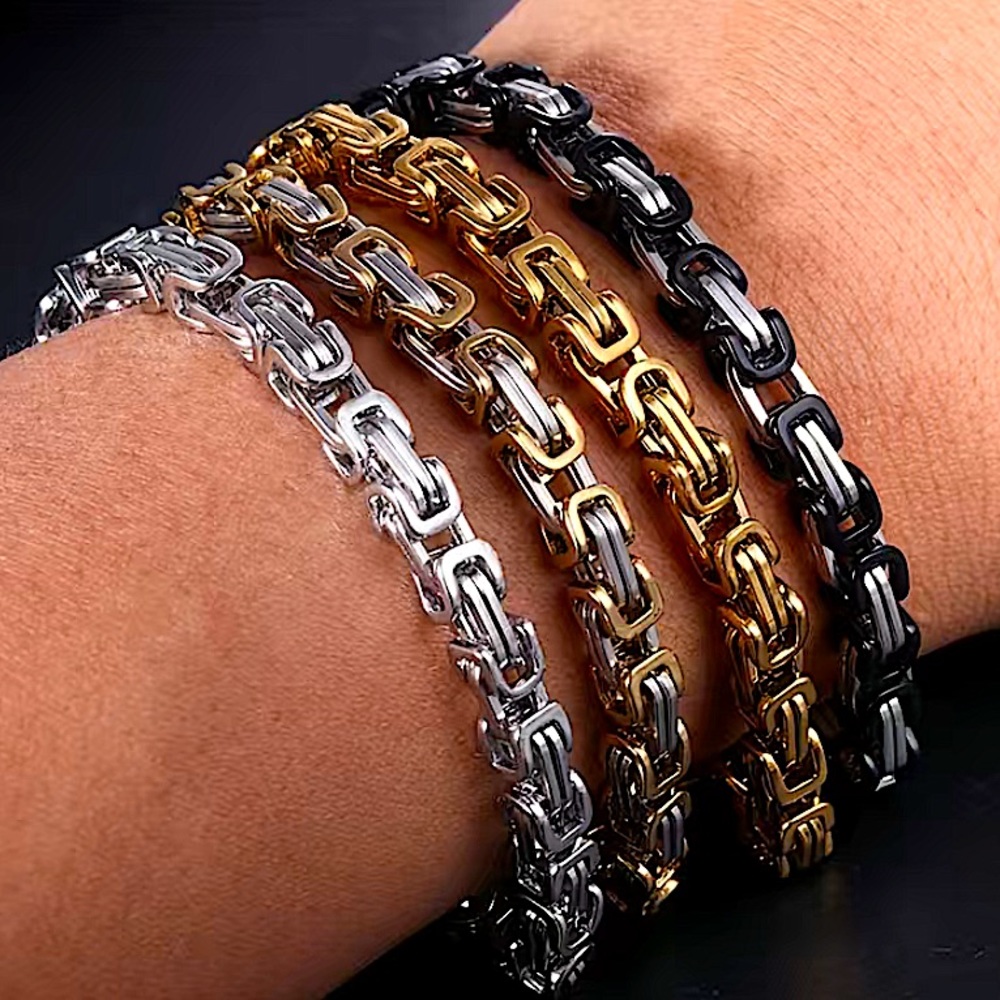 STAINLESS STEEL BYZANTINE MECHANIC SILVER GOLD BIKER BRACELET - Picture 4 of 6